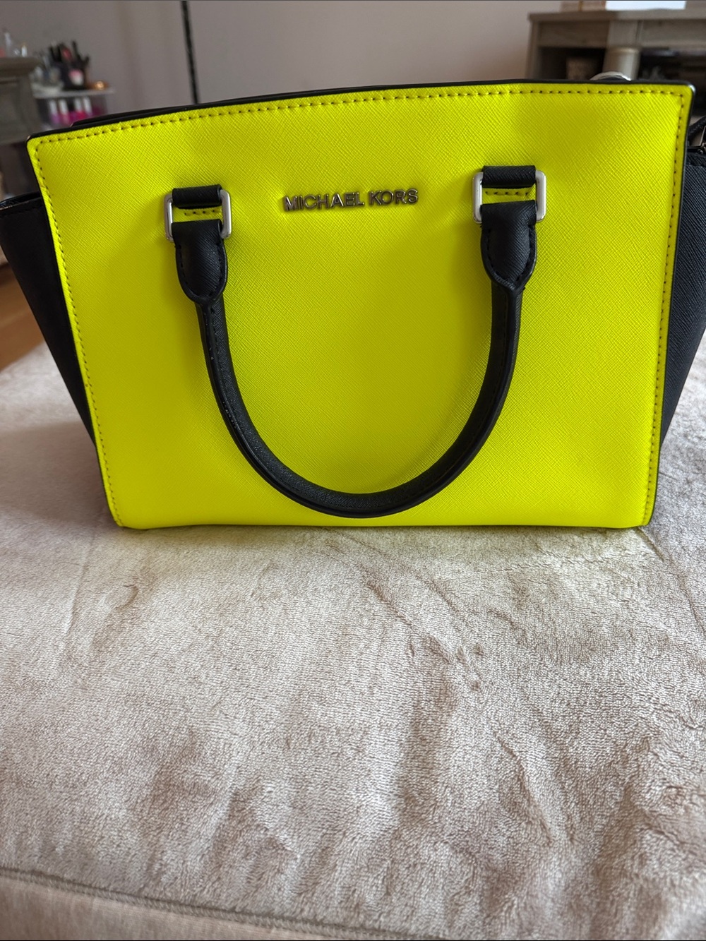 Michael Kors Neon Yellow and Black Saffiano Satchel